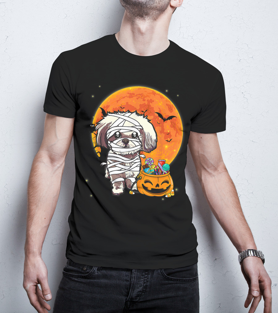 Shih Tzu Mummy Halloween Costume With Pumpkin Candy Bucket And Full Moon T-Shirt