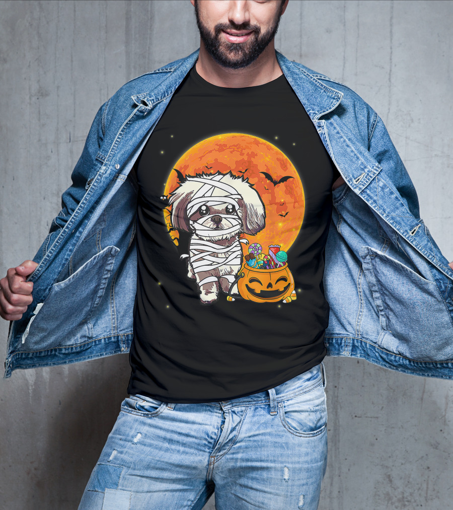 Shih Tzu Mummy Halloween Costume With Pumpkin Candy Bucket And Full Moon T-Shirt