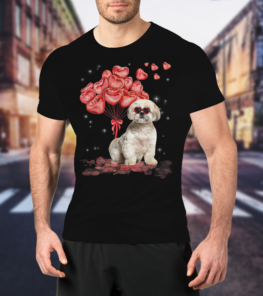 Shih Tzu Heart Balloons Funny Valentines Day Dog Dad Mom T-Shirt