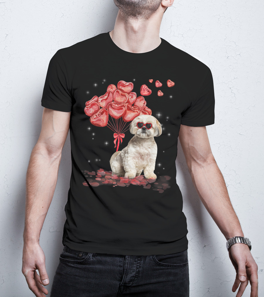 Shih Tzu Heart Balloons Funny Valentines Day Dog Dad Mom T-Shirt