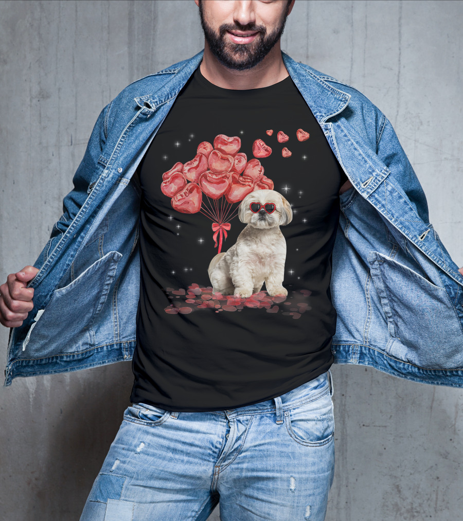 Shih Tzu Heart Balloons Funny Valentines Day Dog Dad Mom T-Shirt