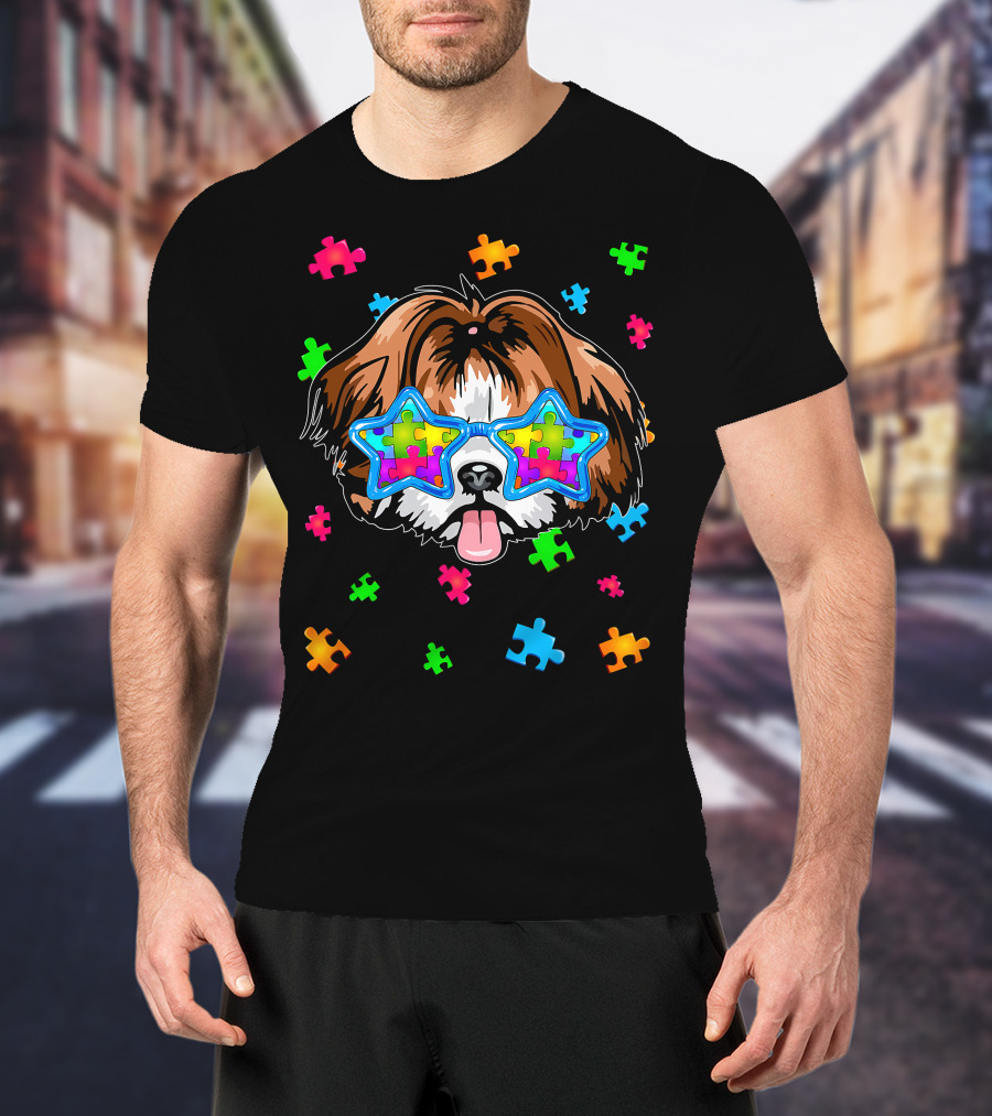 Funny Shih Tzu Star Glasses Puzzle Autism Awareness T-Shirt
