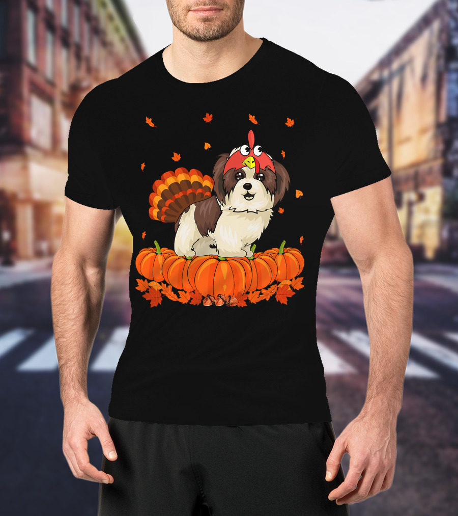 Shih Tzu Dressed As Turkey With Pumpkins And Autumn Leaves Thanksgiving Fun T-Shirt