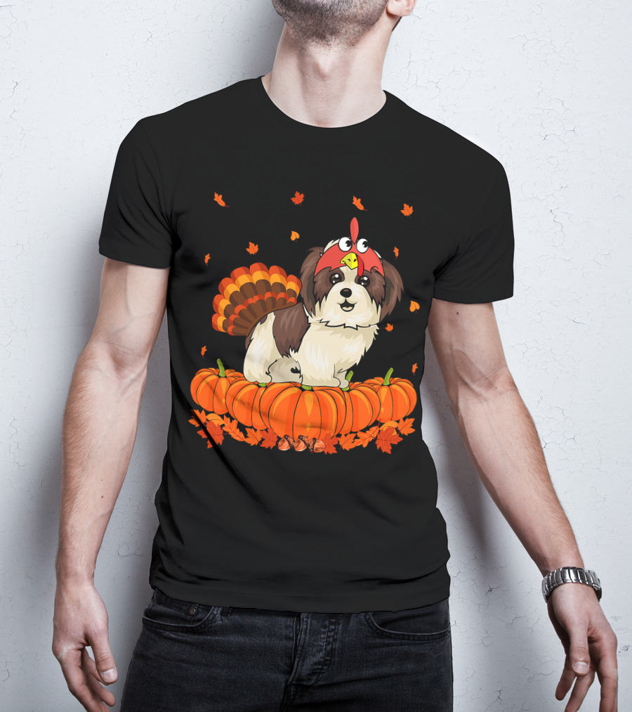 Shih Tzu Dressed As Turkey With Pumpkins And Autumn Leaves Thanksgiving Fun T-Shirt