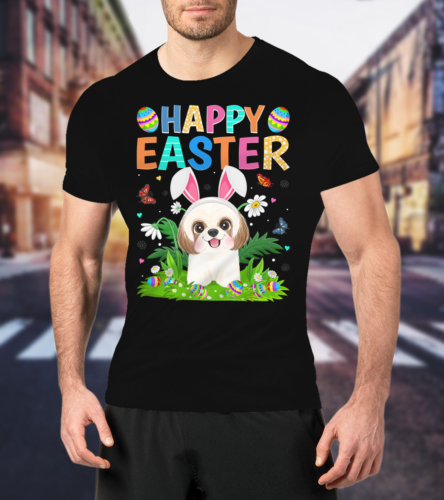 Happy Easter Bunny Shih Tzu Dog With Easter Eggs And Butterflies T-Shirt
