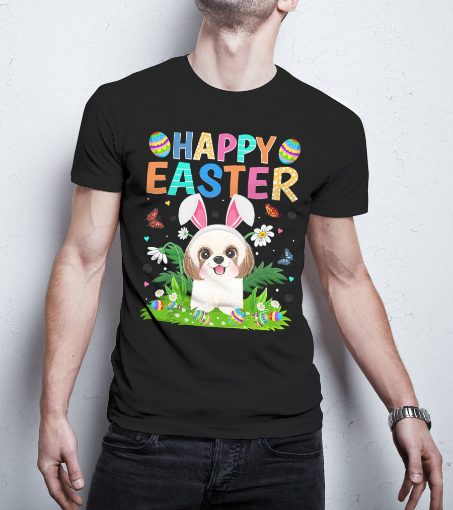 Happy Easter Bunny Shih Tzu Dog With Easter Eggs And Butterflies T-Shirt