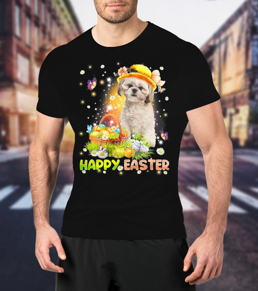 Happy Easter Cute Bunny Dog Shih Tzu With Eggs Basket And Butterflies T-Shirt