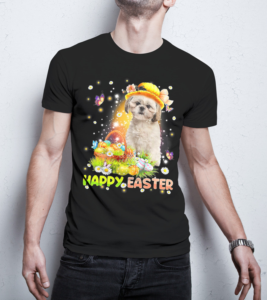 Happy Easter Cute Bunny Dog Shih Tzu With Eggs Basket And Butterflies T-Shirt