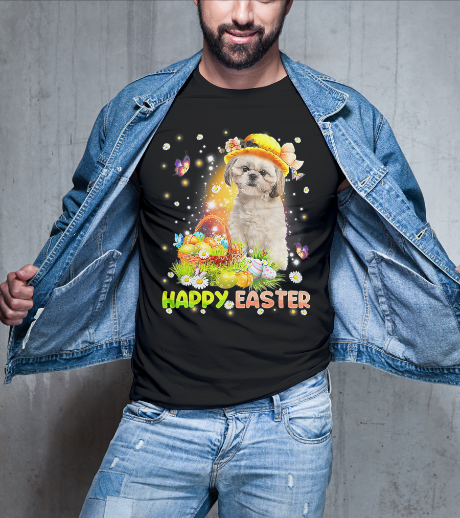 Happy Easter Cute Bunny Dog Shih Tzu With Eggs Basket And Butterflies T-Shirt