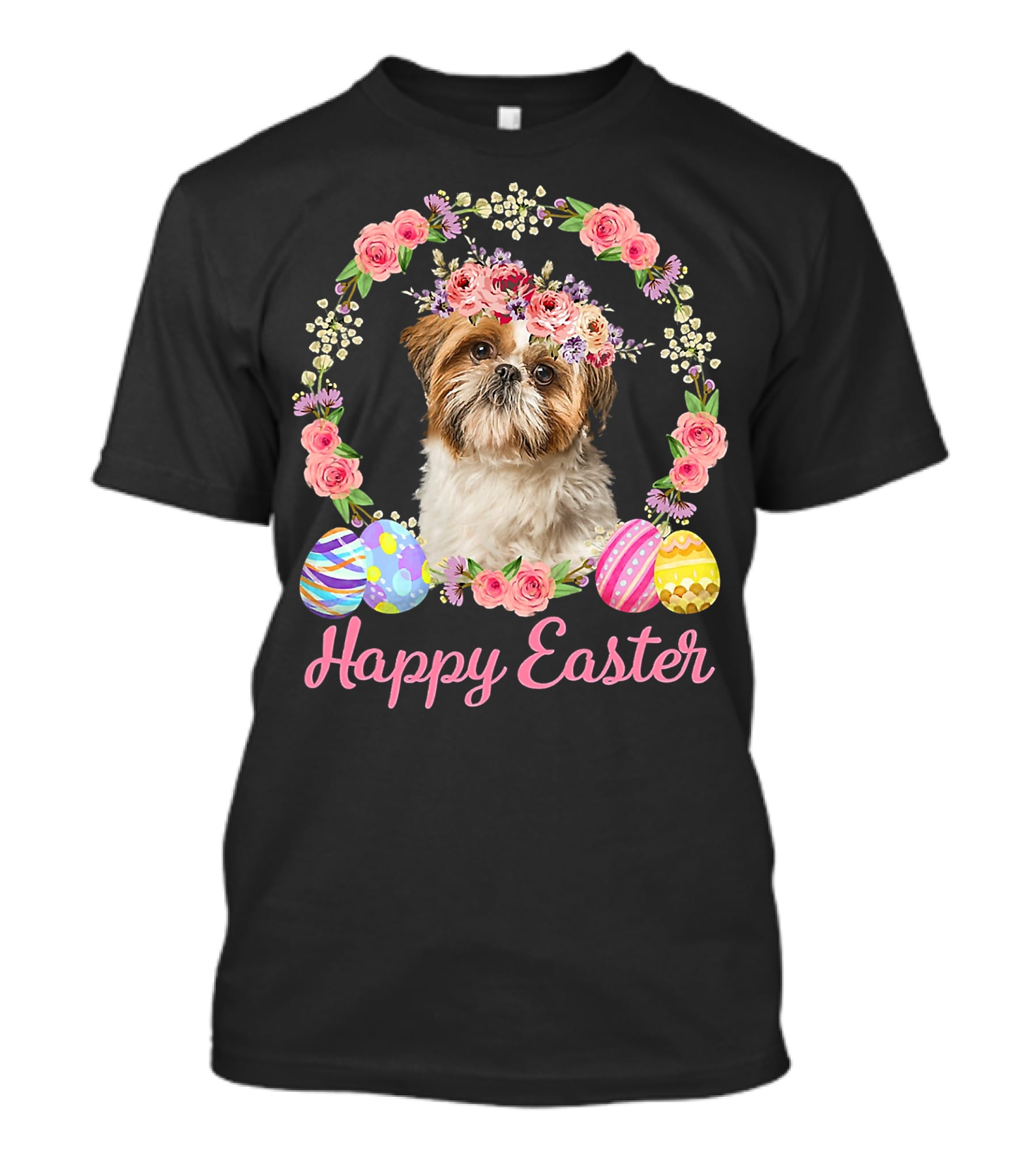 Happy Easter Shih Tzu Dog Flower Wreath With Decorative Eggs T-Shirt