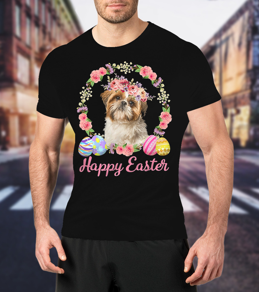 Happy Easter Shih Tzu Dog Flower Wreath With Decorative Eggs T-Shirt