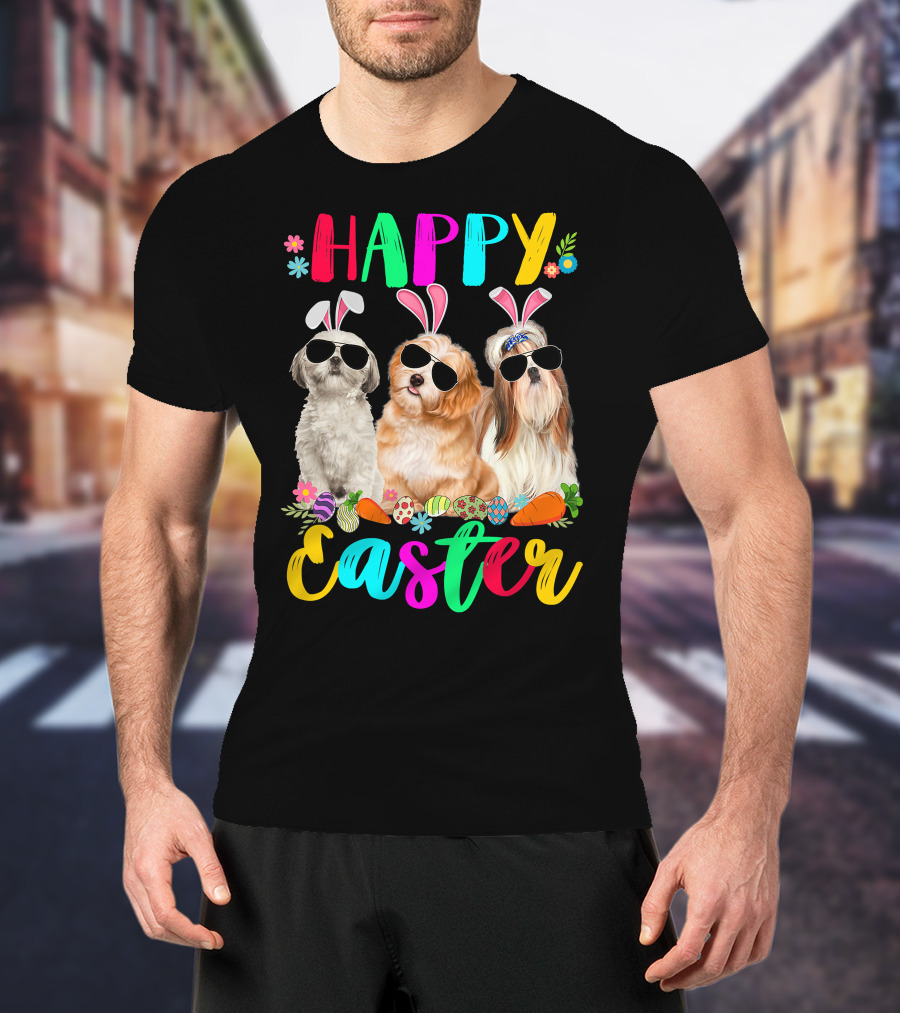 Happy Easter Three Shih Tzu Dogs With Bunny Ears And Sunglasses Eggs Carrots T-Shirt