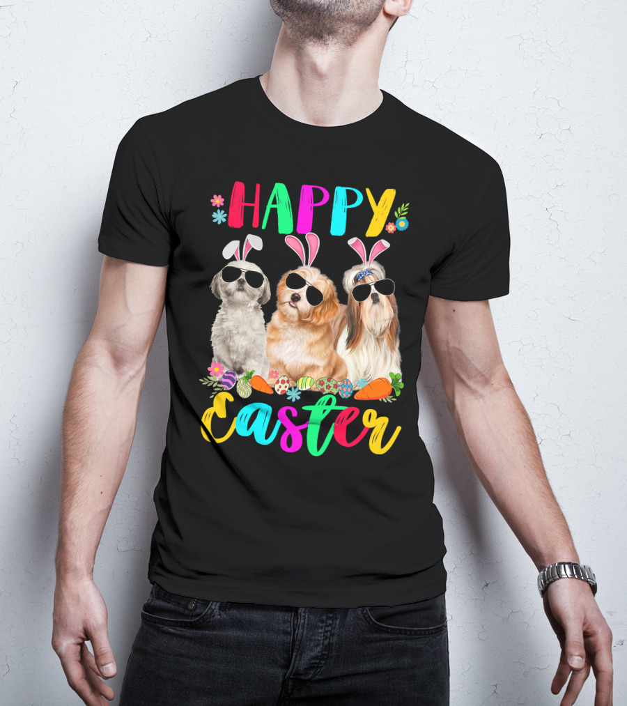 Happy Easter Three Shih Tzu Dogs With Bunny Ears And Sunglasses Eggs Carrots T-Shirt