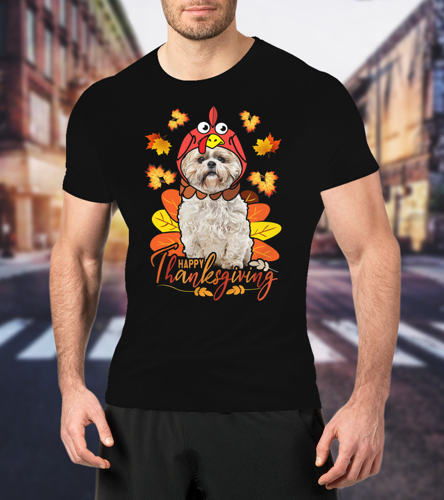 Happy Thanksgiving Shih Tzu Dog In Turkey Costume With Autumn Leaves T-Shirt