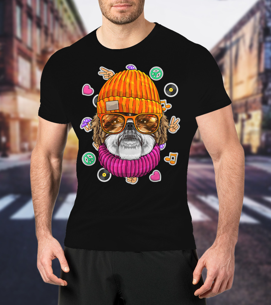 Hipster Shih Tzu With Glasses And Beanie Surrounded By Love Peace And Music Icons T-Shirt
