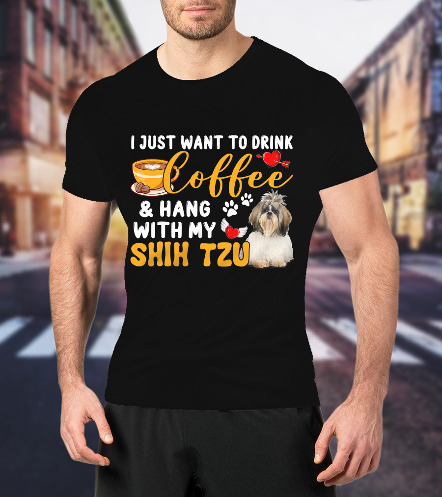 Coffee Lover Shih Tzu With Hearts And Wings T-Shirt