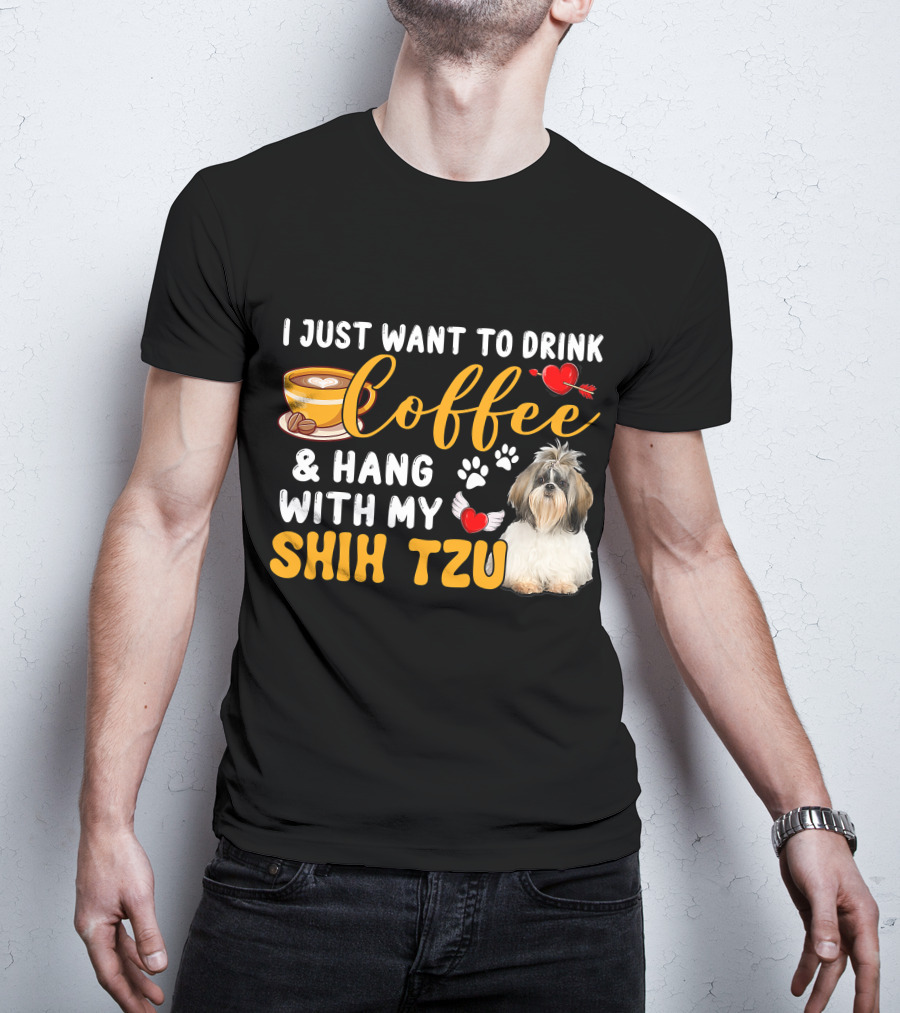 Coffee Lover Shih Tzu With Hearts And Wings T-Shirt