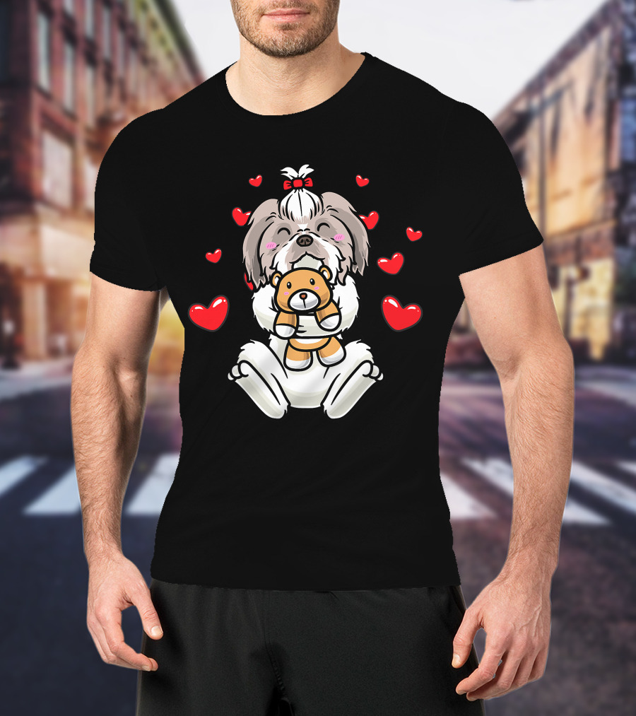 Kawaii Shih Tzu Holding Stuffed Animal Surrounded By Hearts T-Shirt