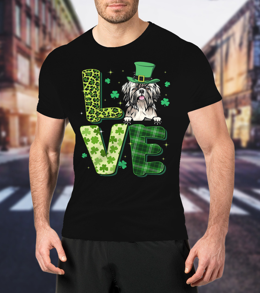 Love Shih Tzu Leopard Plaid Shamrock St Patrick's Day T-Shirt