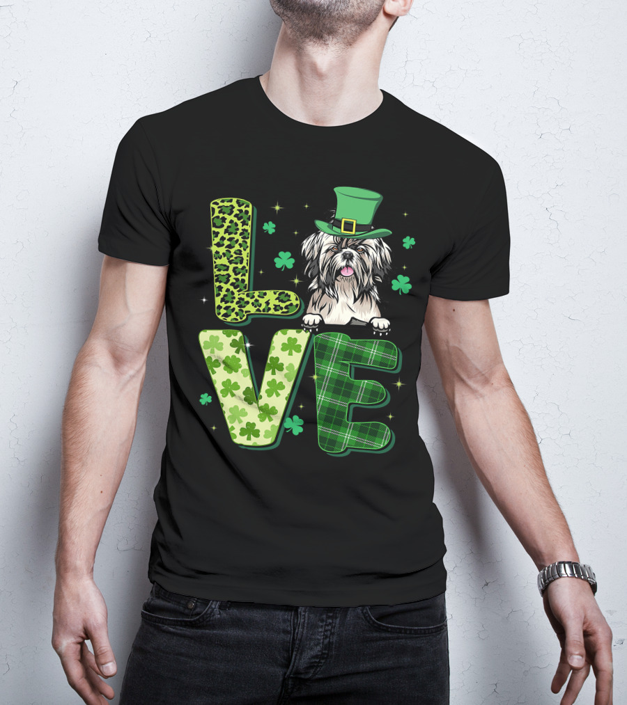 Love Shih Tzu Leopard Plaid Shamrock St Patrick's Day T-Shirt