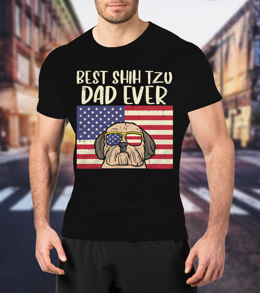 Best Shih Tzu Dad Ever US Flag Patriotic Dog Sunglasses T-Shirt