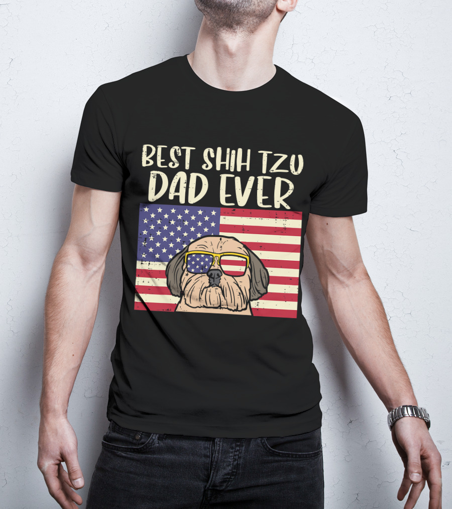 Best Shih Tzu Dad Ever US Flag Patriotic Dog Sunglasses T-Shirt