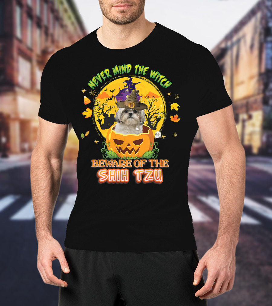 Never Mind The Witch Beware Of The Shih Tzu Halloween Pumpkin Dog With Witch Hat T-Shirt