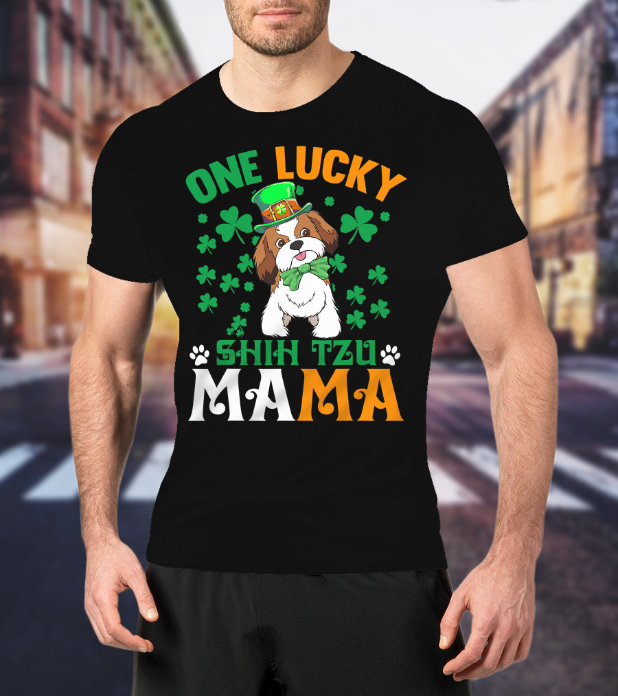One Lucky Shih Tzu Mama St Patricks Day Green Hat Shamrocks T-Shirt