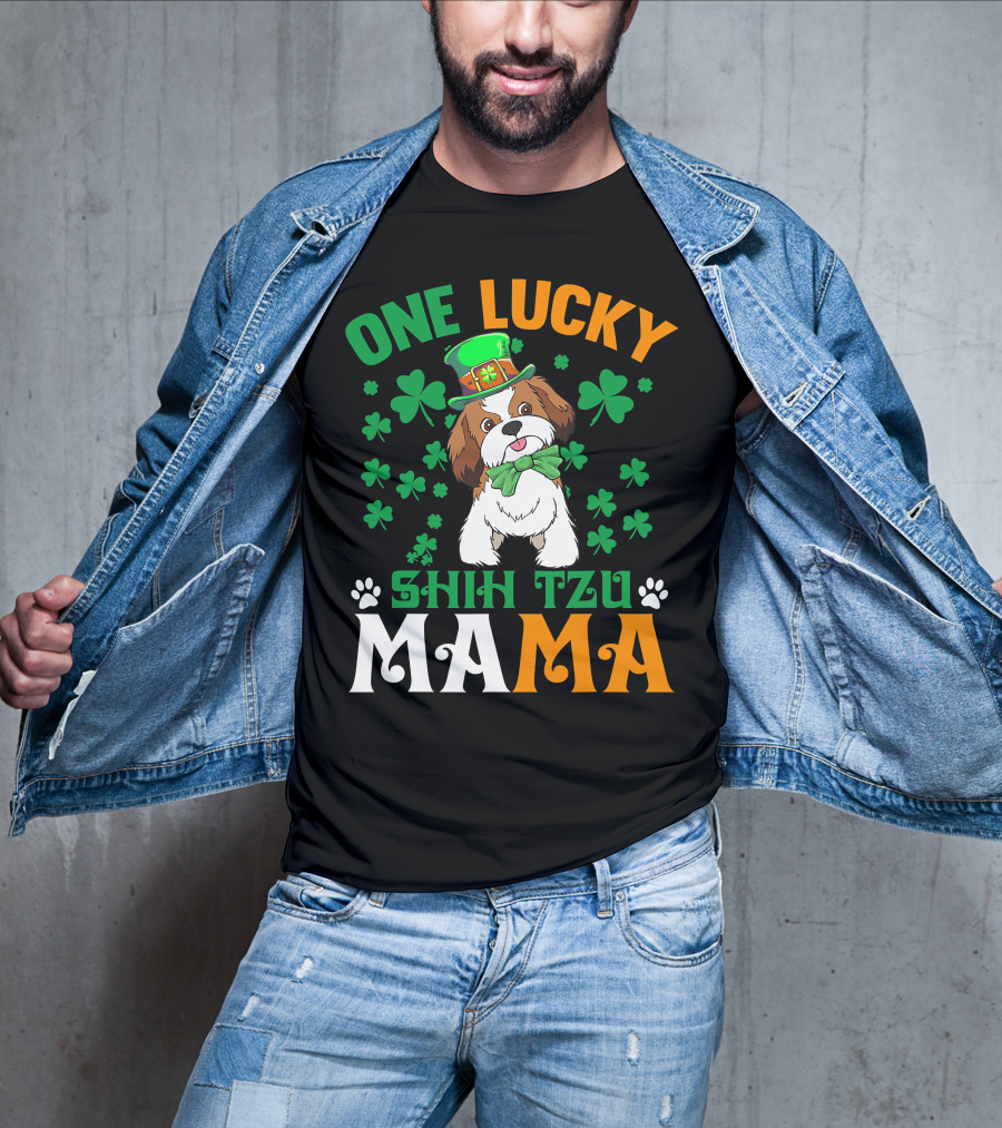 One Lucky Shih Tzu Mama St Patricks Day Green Hat Shamrocks T-Shirt