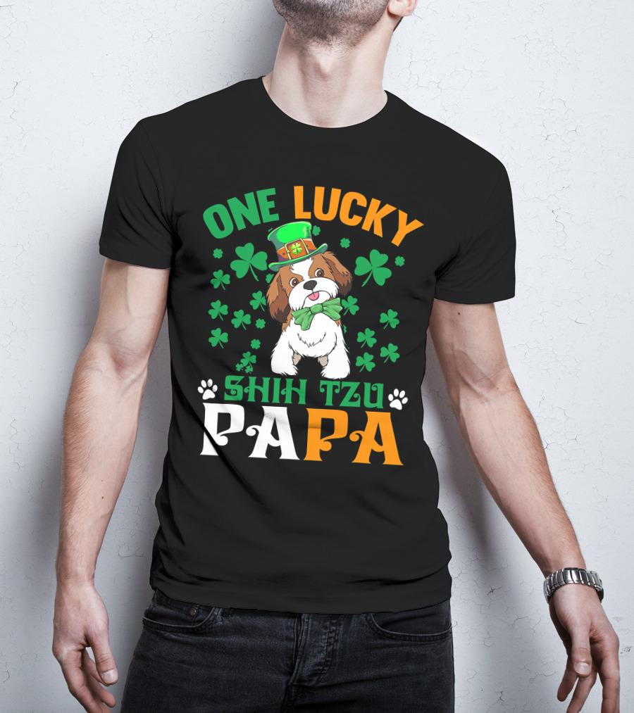 One Lucky Shih Tzu Papa St Patricks Day Dog Hat Clover T-Shirt