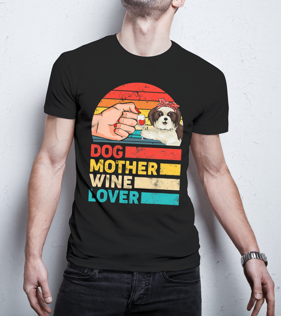 Dog Mother Wine Lover Shih Tzu Retro T-Shirt