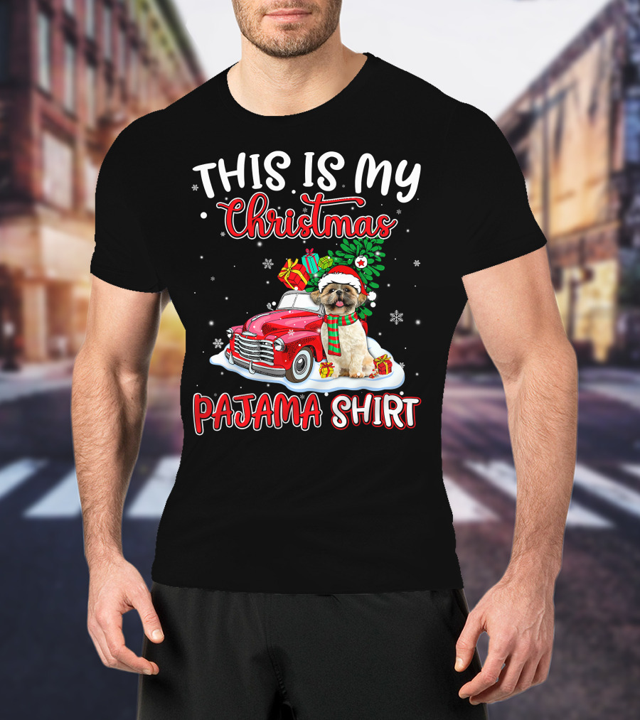 Retro Christmas Pajama Shih Tzu Santa Hat Presents Vintage Car T-Shirt