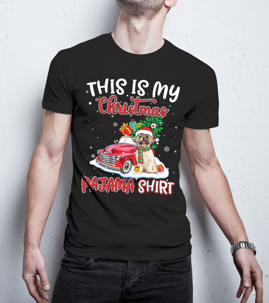 Retro Christmas Pajama Shih Tzu Santa Hat Presents Vintage Car T-Shirt