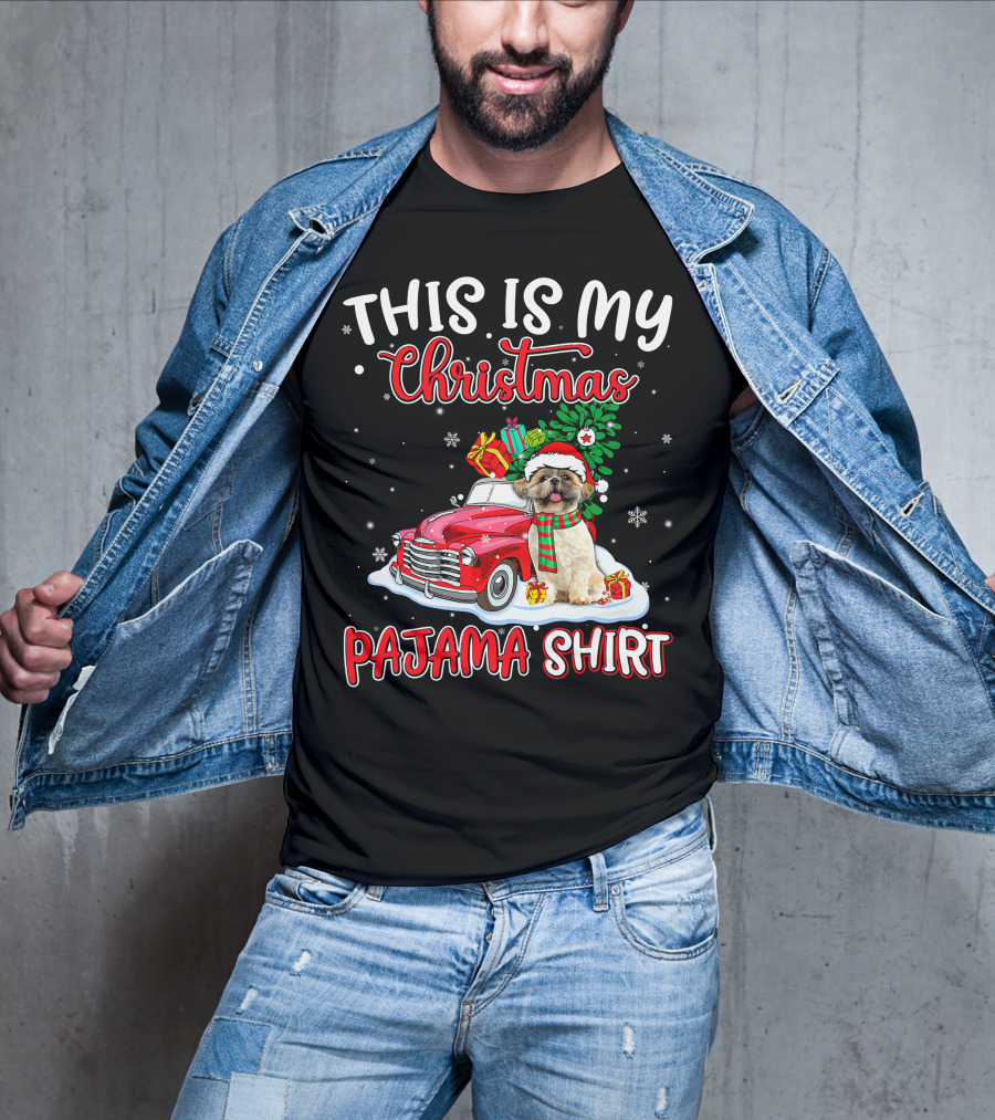 Retro Christmas Pajama Shih Tzu Santa Hat Presents Vintage Car T-Shirt