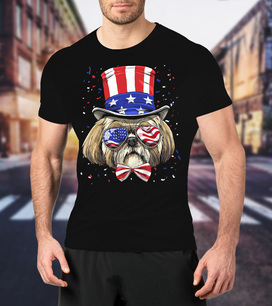 Shih Tzu Fourth Of July American Dog In USA Flag Hat And Glasses T-Shirt