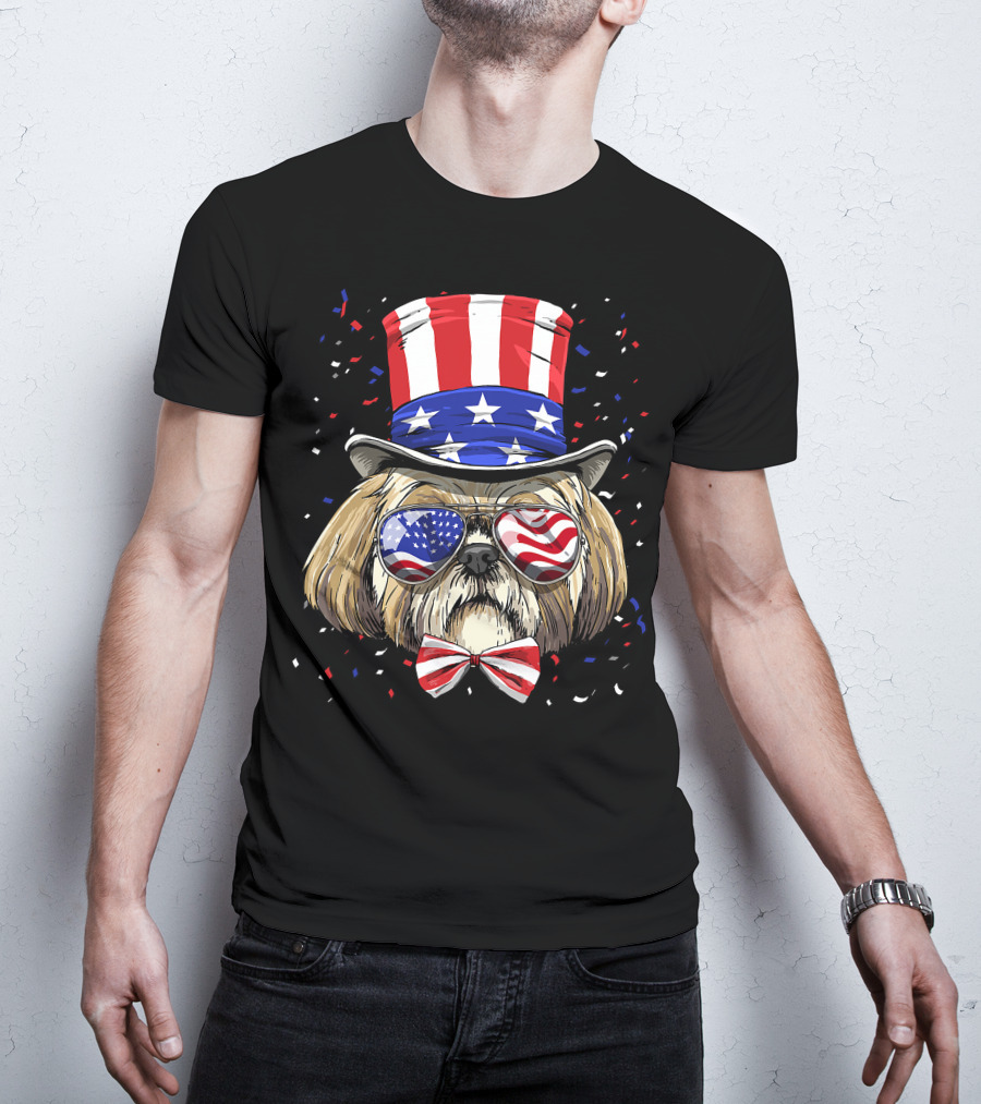 Shih Tzu Fourth Of July American Dog In USA Flag Hat And Glasses T-Shirt