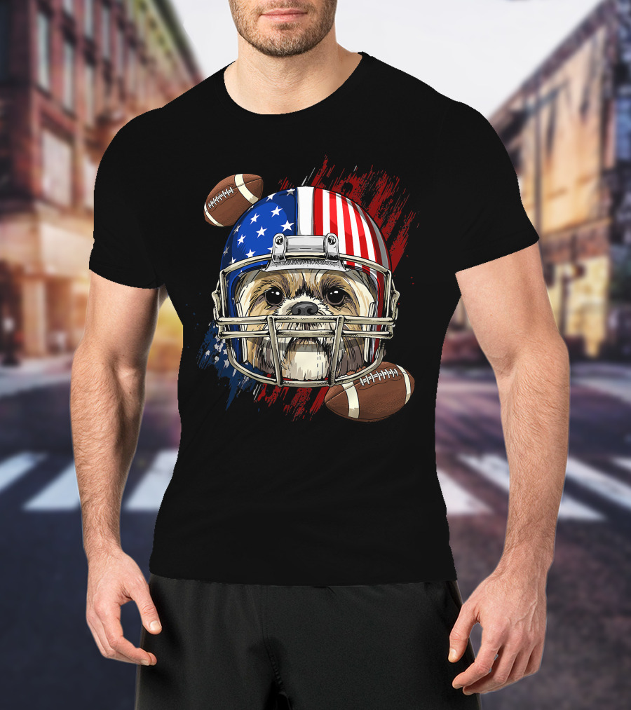 Shih Tzu In American Football Helmet With USA Flag And Footballs T-Shirt