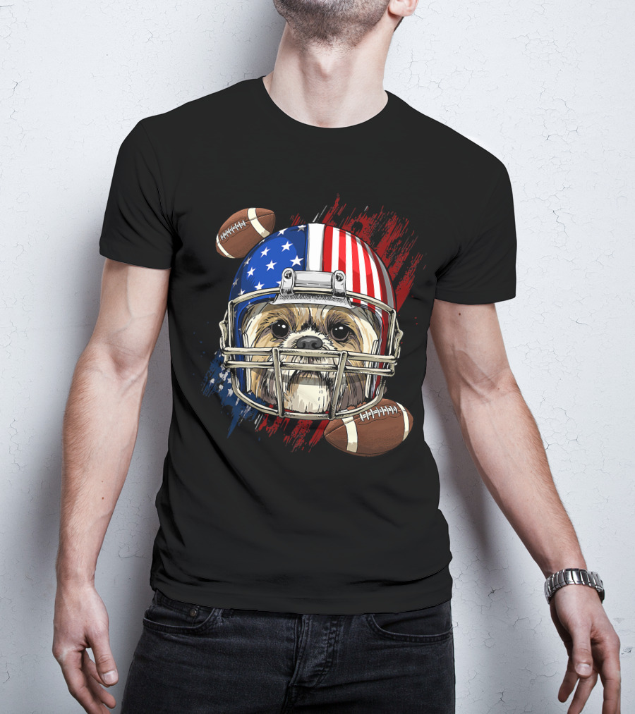 Shih Tzu In American Football Helmet With USA Flag And Footballs T-Shirt
