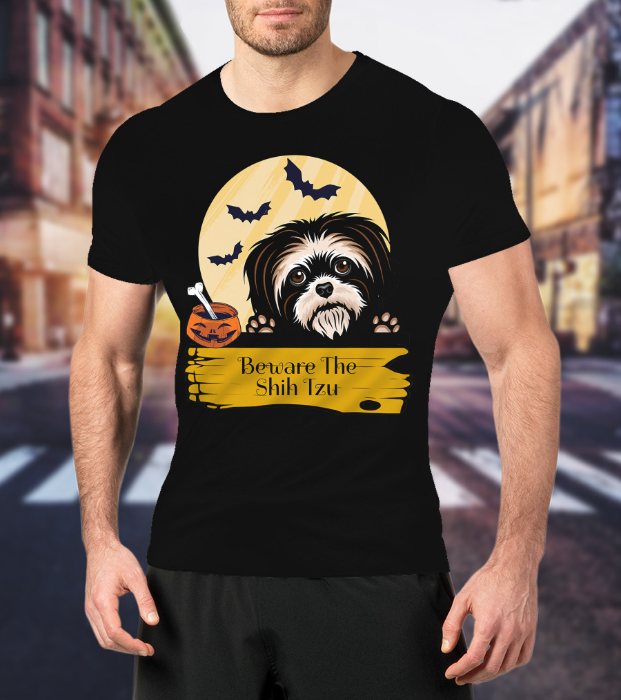 Beware The Shih Tzu Halloween Bats Moon Pumpkin T-Shirt