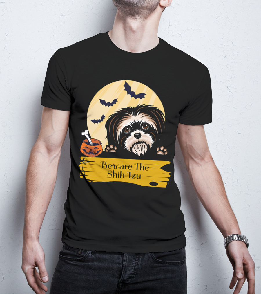 Beware The Shih Tzu Halloween Bats Moon Pumpkin T-Shirt