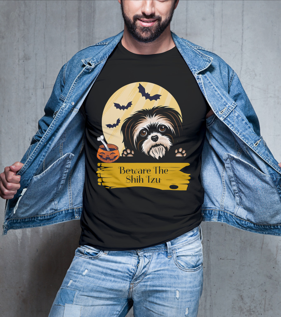 Beware The Shih Tzu Halloween Bats Moon Pumpkin T-Shirt
