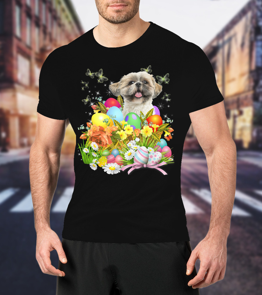 Shih Tzu Bunny Dog With Easter Eggs And Floral Basket T-Shirt
