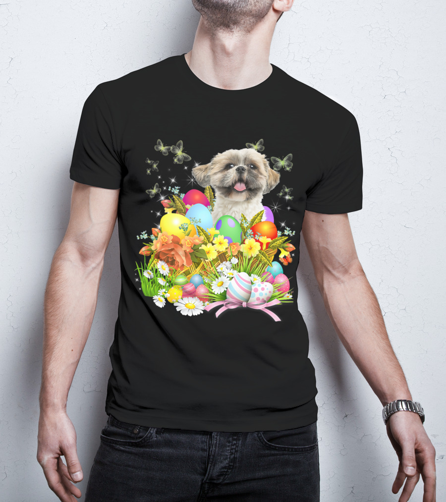 Shih Tzu Bunny Dog With Easter Eggs And Floral Basket T-Shirt
