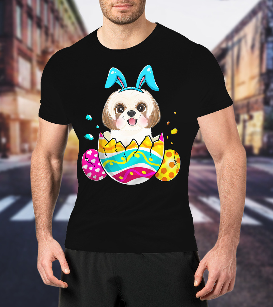 Shih Tzu Bunny Ears Easter Day Cute Dog Dad With Colorful Eggs T-Shirt