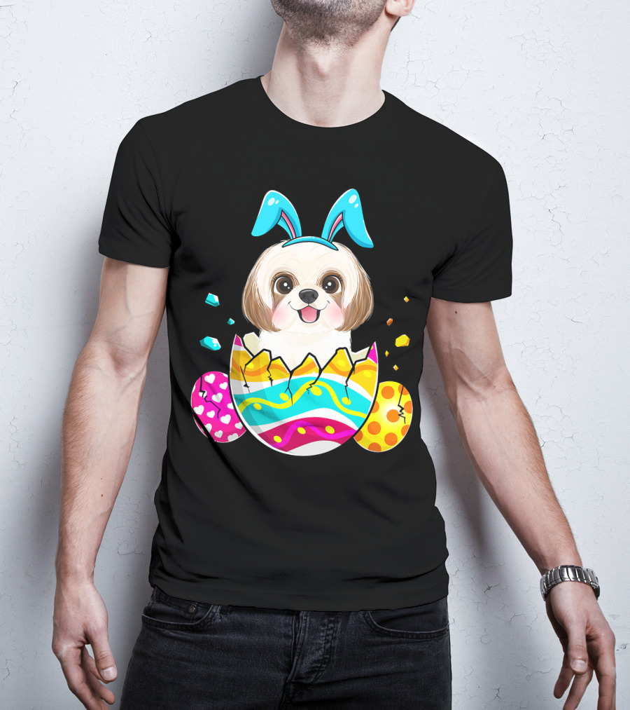 Shih Tzu Bunny Ears Easter Day Cute Dog Dad With Colorful Eggs T-Shirt