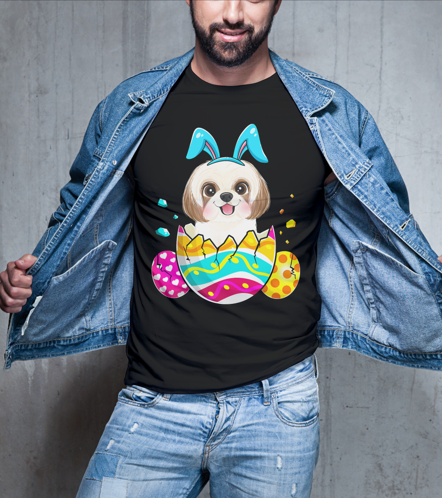 Shih Tzu Bunny Ears Easter Day Cute Dog Dad With Colorful Eggs T-Shirt