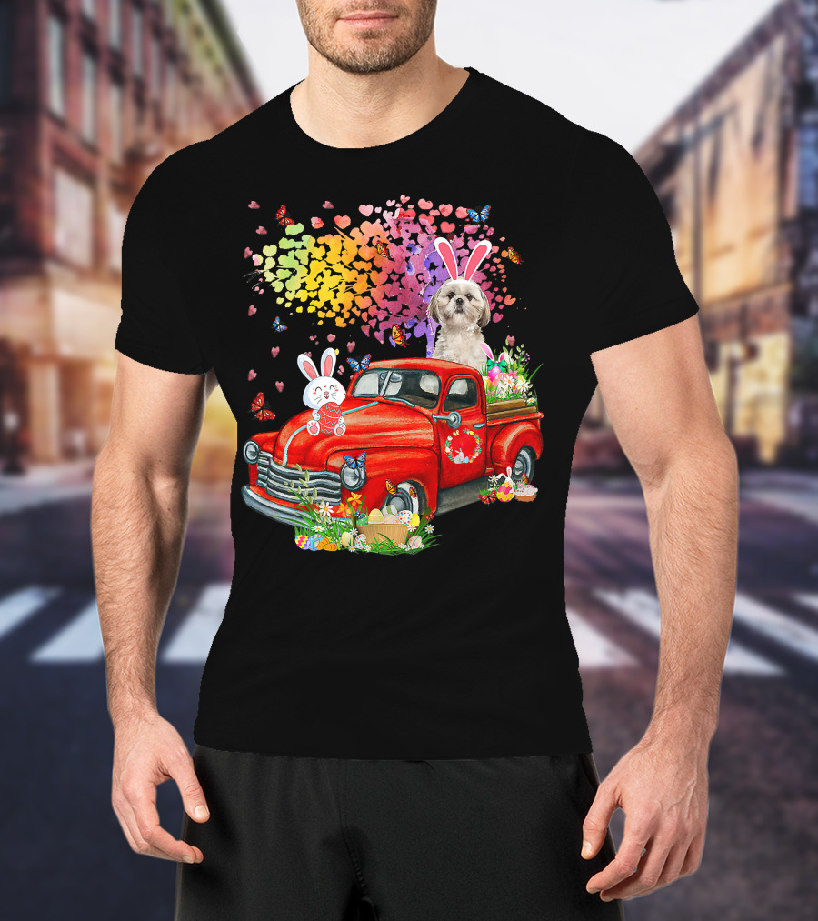 Shih Tzu Bunny On Red Truck With Easter Eggs And Rainbow Hearts T-Shirt