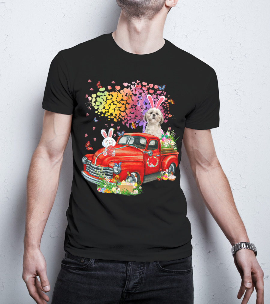 Shih Tzu Bunny On Red Truck With Easter Eggs And Rainbow Hearts T-Shirt