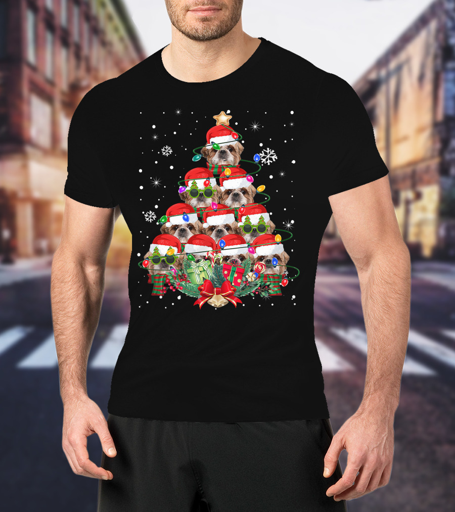 Shih Tzu Christmas Tree With Santa Hats And Lights Family Pajamas T-Shirt