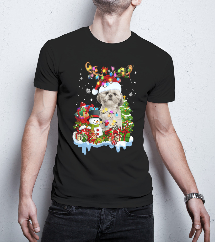 Shih Tzu Christmas Santa Hat Reindeer Antlers Lights Snowman Gifts Tree T-Shirt
